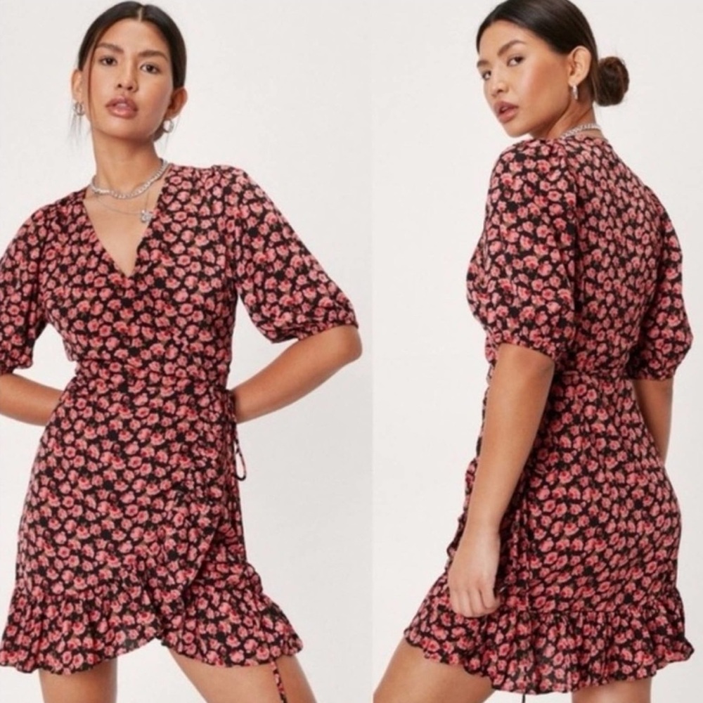 Nasty Gal Floral Wrap Mini Dress Puff Sleeve V Neck Black Pink Roses Y2K Small - Picture 5 of 8
